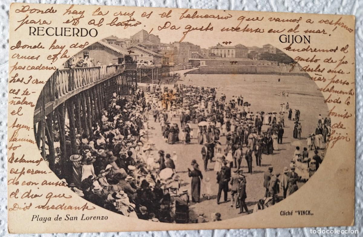 Postales: GIJON - POSTAL MUY ANTIGUA MANUSCRITA EN 1920 - PLAYA DE SAN LORENZO