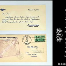 Postales: TARJETA Y SOBRE PRIMER VUELO POLAR EXPLORATORIO LOS ÁNGELES - COPENHAGEN. SCANDINAVIAN AIRLINES 1952. Lote 374100139