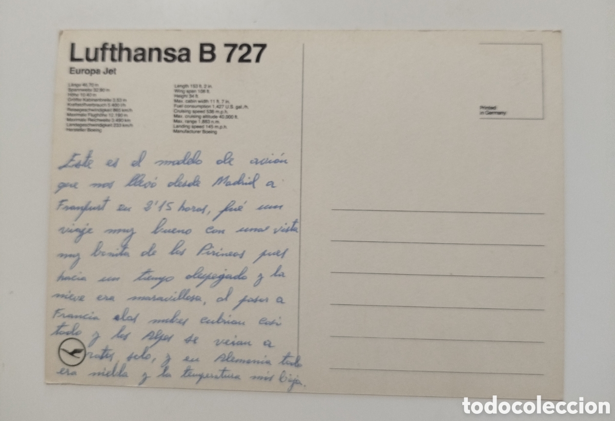 Postales: Avi&oacute;n Postal Lufthansa B 727 - Foto 2