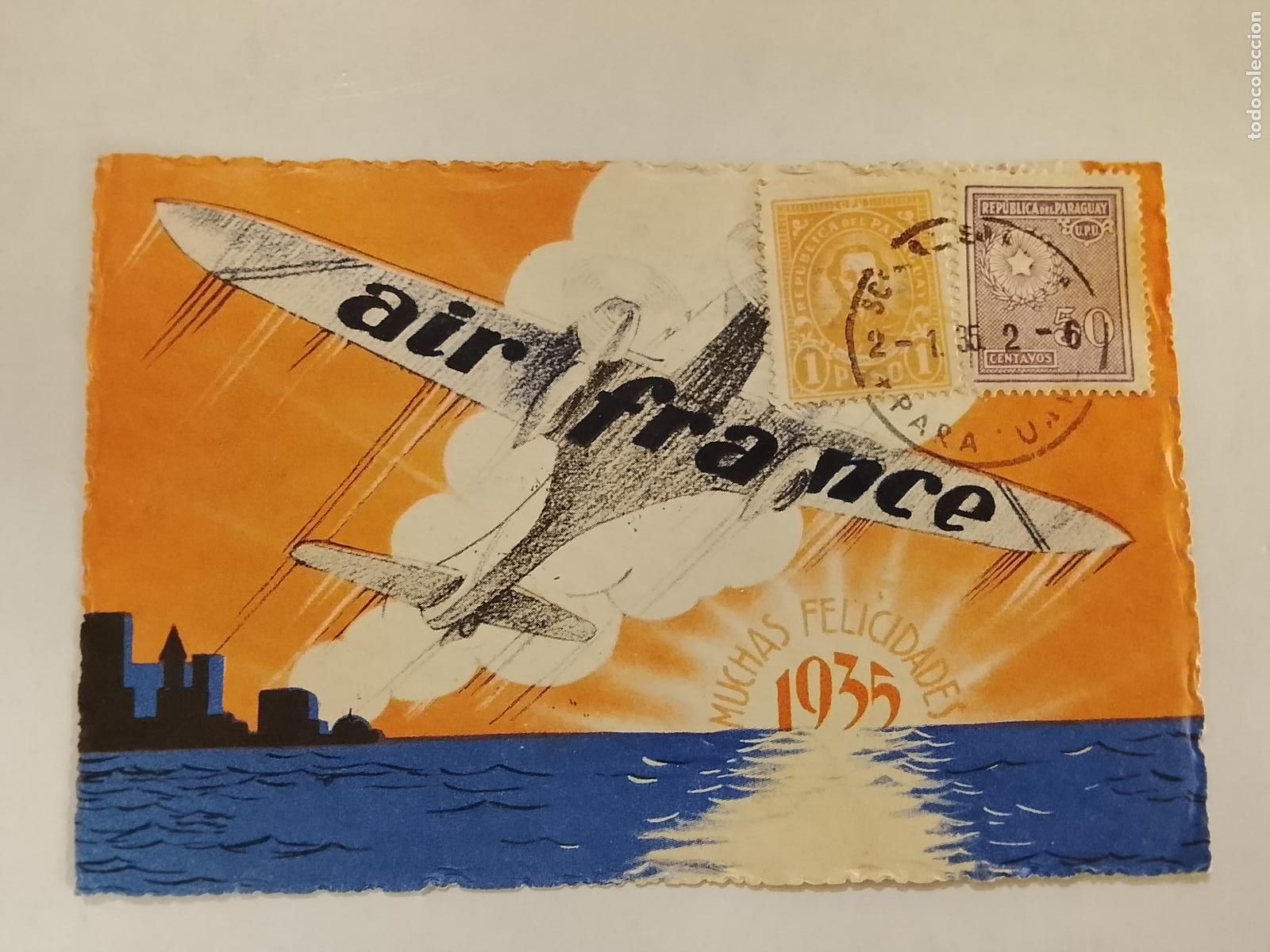 Postales: AIR FRANCE - MUCHAS FELICIDADES 1935 - CIRCULADA POR AVION CON SELLOS -POSTAL ANTIGUA-(115.726)