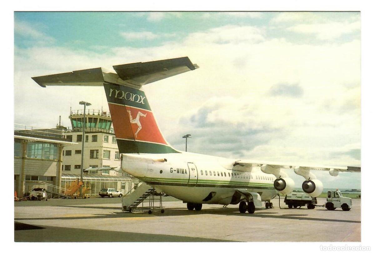 Postales: MANX AIRLINES, Isla de Man. Avi&oacute;n BAe 146 G-MIMA en el aeropuerto de Ronaldsway (Man).
