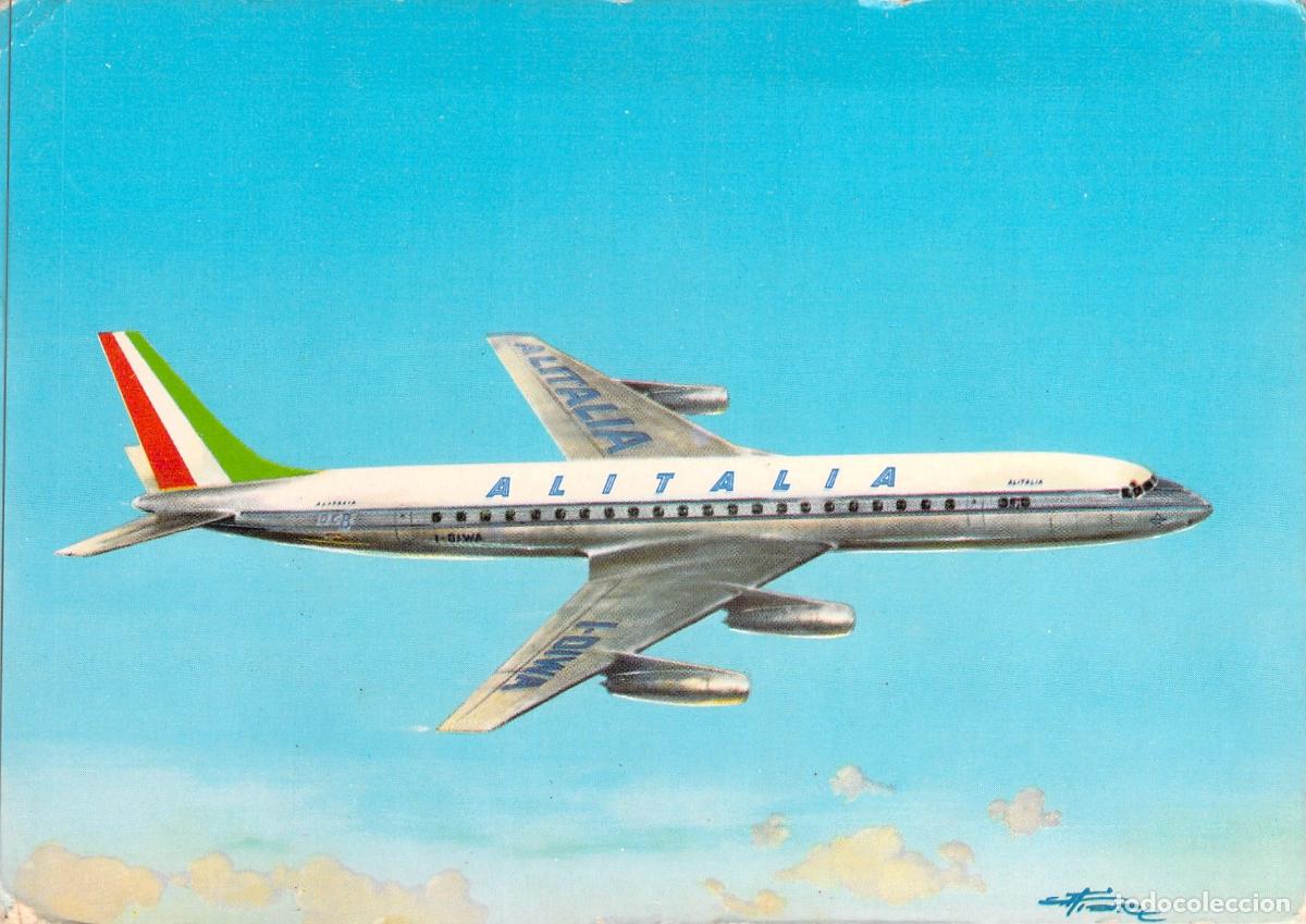 Postales: Postal Alitalia Douglas Super DC-8 Avi&oacute;n Comercial Avion
