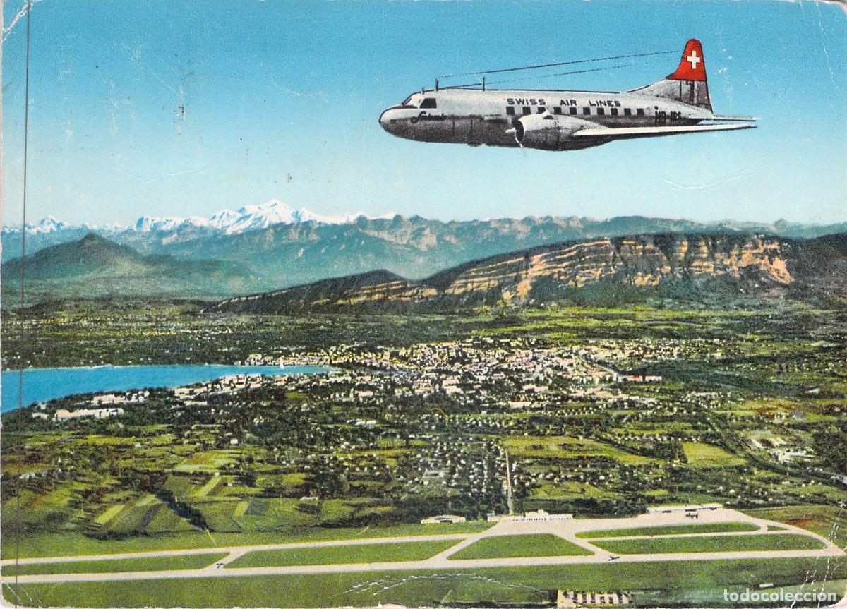 Postales: Postal de Ginebra: Aeropuerto de Cointrin, Mont-Blanc y Avi&oacute;n Swiss Air