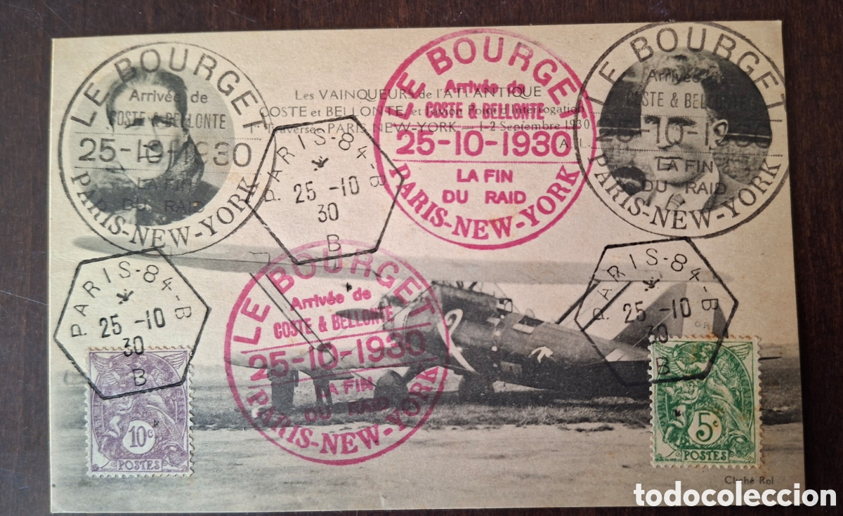 Postales: Tarjeta postal conmemorativa primer vuelo trasatl&aacute;ntico Par&iacute;s New York Le Bourget 1930