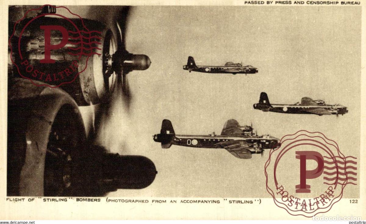 Postales: flight of stirling bombers PASSED BY PRESS AND CENSORSHIP BUREAU RAF ROYAL AIR FORCE FIGHTERS AND B