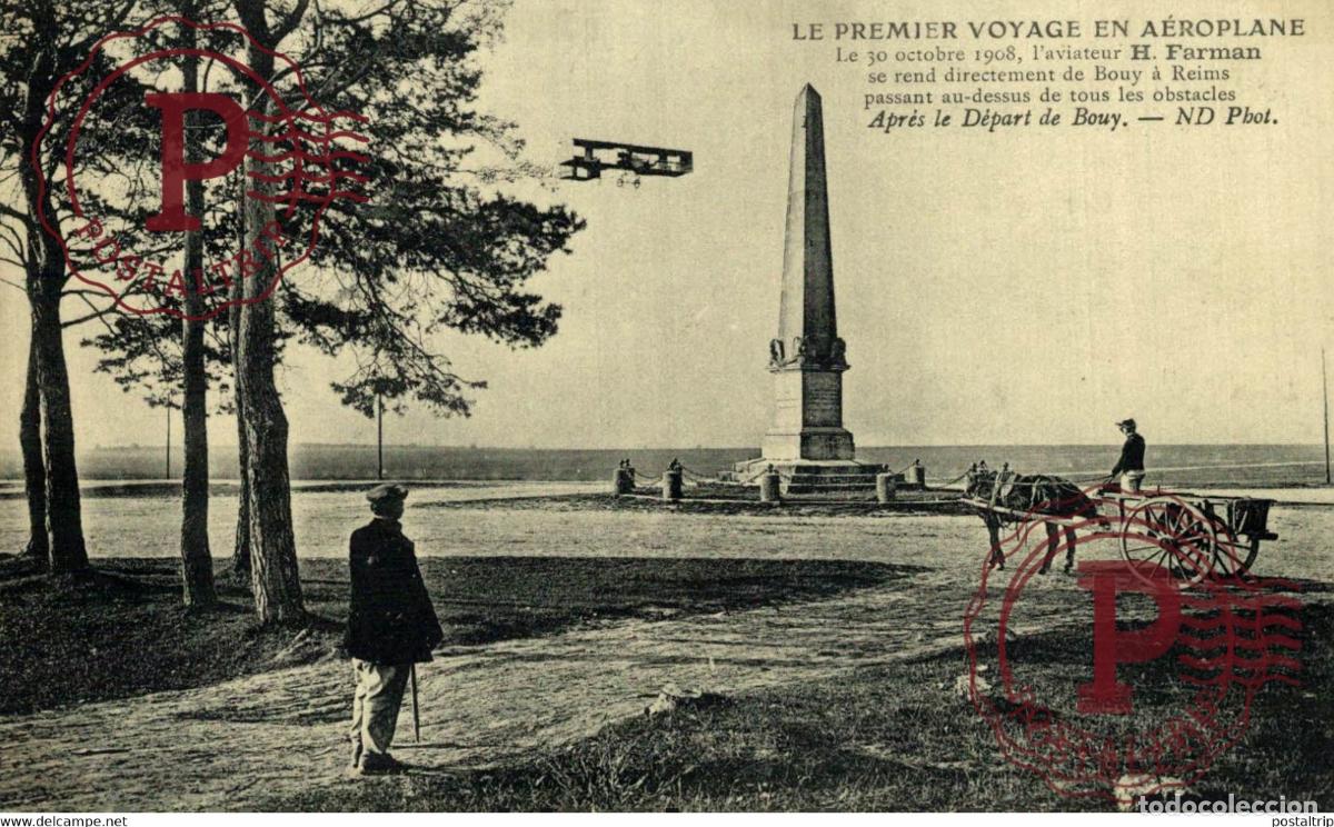 Postales: Aviation 1er voyage en a&eacute;roplane FARMAN se rend directement de BOUY &agrave; REIMS
