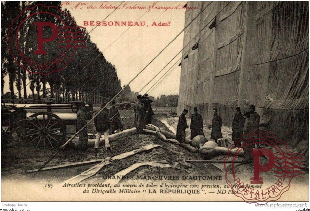 Postales: St&eacute; des filatures, corderie & tissage - BESSONEAU - A&eacute;rostiers proc&eacute;dant au gonflement du dirigeable