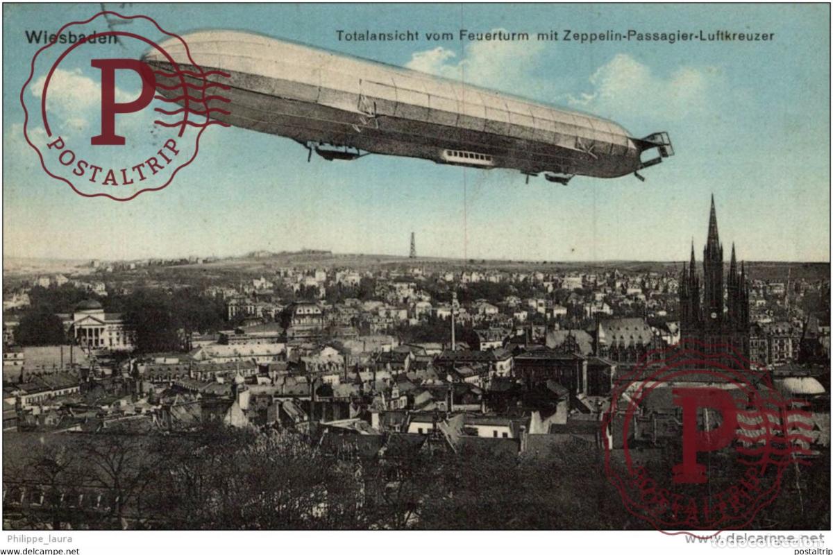 Postales: 1914 Wiesbaden Totalansicht vom Feuerturm mit Zeppelin Passagier Luftkreuzer 1914