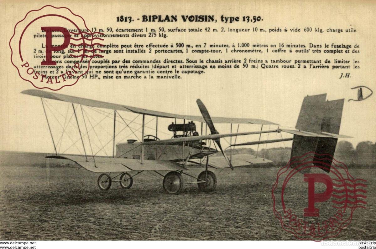 Postales: RARE BIPLAN VOISIN TYPE 13,50 Moteur Gnome 50 HP mise en marche &agrave; la manivelle