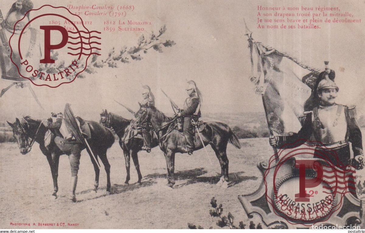 Postales: CUIRASSIERS 12 &deg; REGIMENT AUTRE CARTE ALLEGORIQUE A LA GLOIRE DU REGIMENT DAUPHIN CAVALERIE