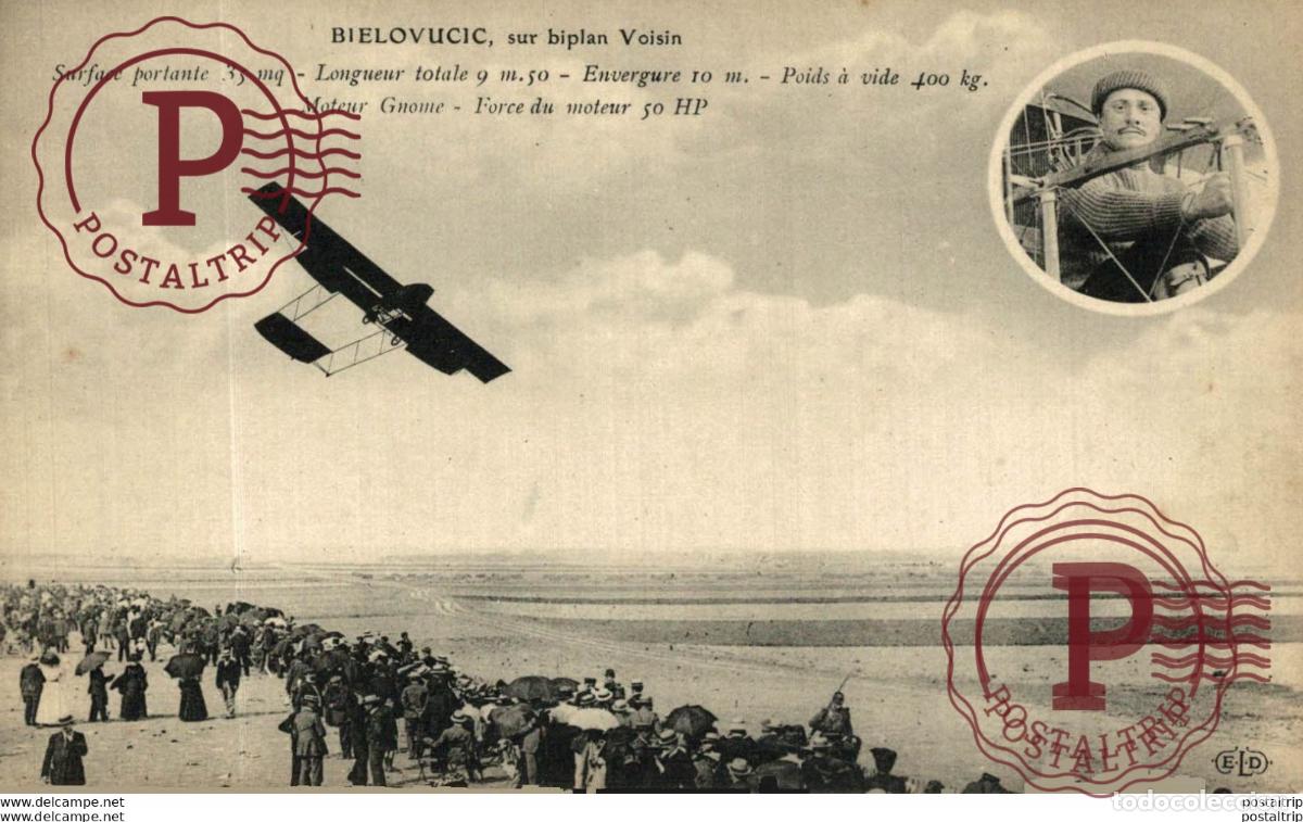 Postales: Pilot Bielovucic im Doppeldecker-Flugzeug vom Typ Voisin Aviation aviateur