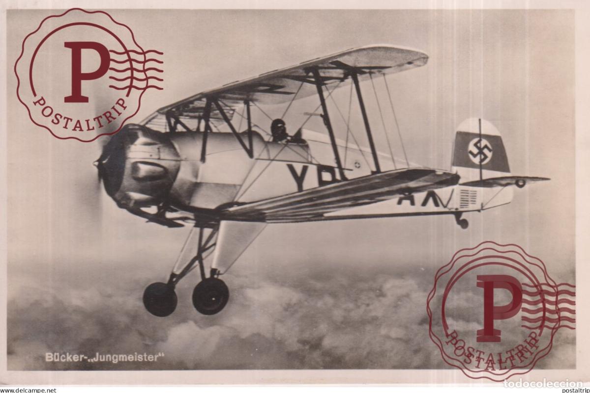Postkarten: AVIACION. AVIATION. BUCKER JUNGMEISTER. damage backside