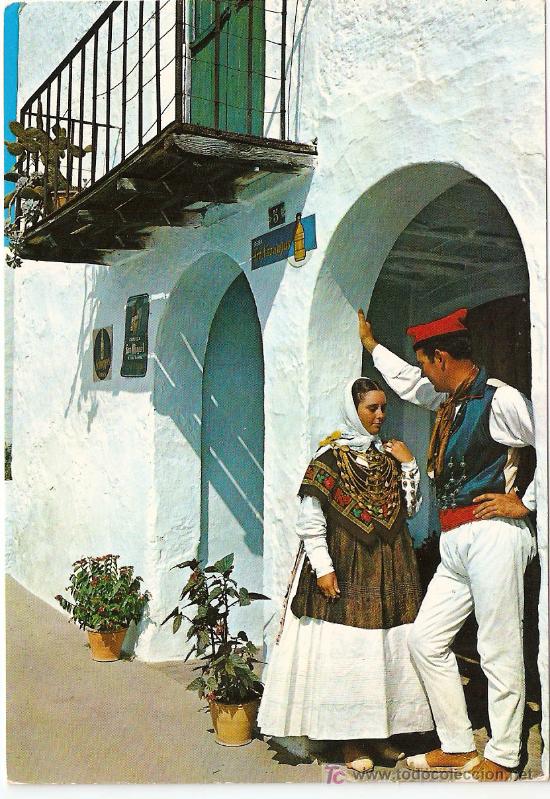 Postales: IBIZA- San MIGUEL-Trajes T&iacute;picos- 1390 Exc. Casa Figueretas-1966-Anuncios Trinaranjus-Vell i Bell