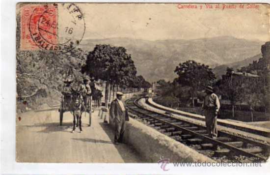 Postales: Carretera y via la Pueto de Soller. Coche de Caballos. Circulada.