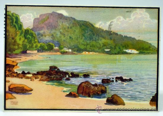 Postkarten: Postal Playa de Formentor Hotel acuarela Erwin Hubert J Bargu&ntilde;o circulada 1947