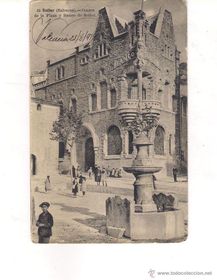 Postales: POSTAL DE SOLLER  - CENTRO DE LA PLAZA Y BANCO DE SOLLER . - Foto 1