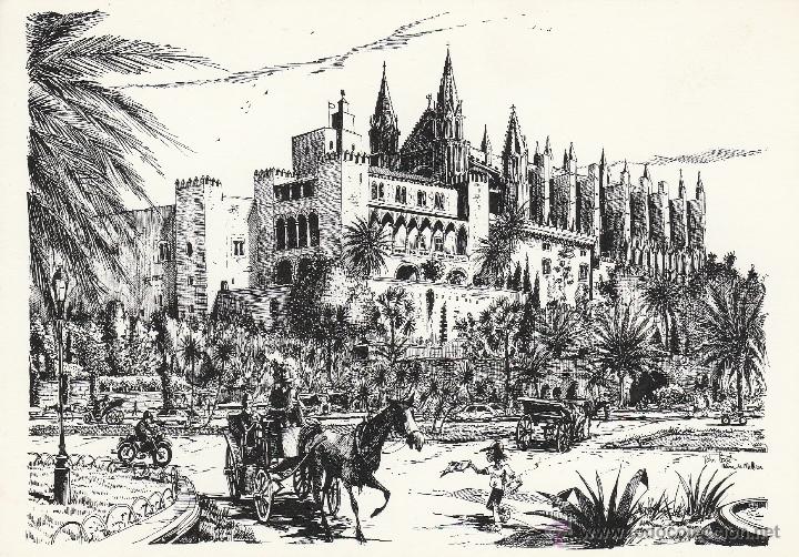 Postales: N&ordm; 12960 POSTAL DIBUJO CATEDRAL Y PALACIO DE LA ALMUDAINA PALMA DE MALLORCA