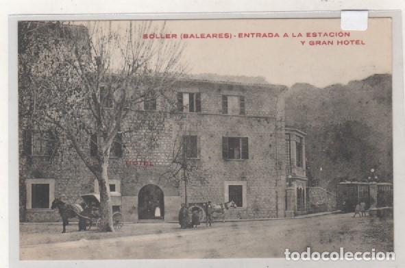 Postales: Soller Baleares. Entrada a la Estaci&oacute;n y Gran Hotel. No figura editor. Sin circular.