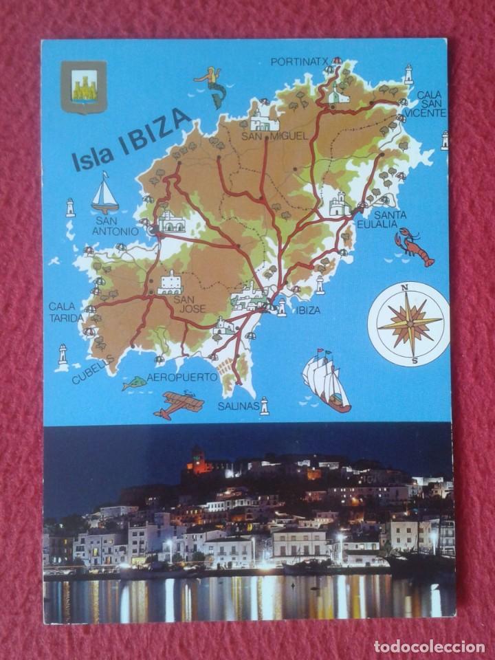 Postales: POST CARD BALEARIC ISLANDS ISLA DE IBIZA N&ordm; 352 ISLA BLANCA MAPA DE LA ISLA VISTA NOCTURNA MAP CARTE