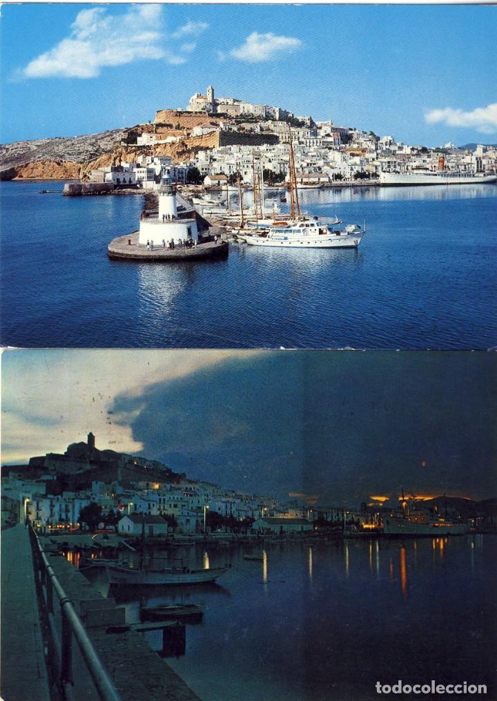 Postales: IBIZA.- ANOCHECER Y LA CIUDAD ANTIGUA DESDE LA BOCANA DEL PUERTO.- ESCRITAS.-