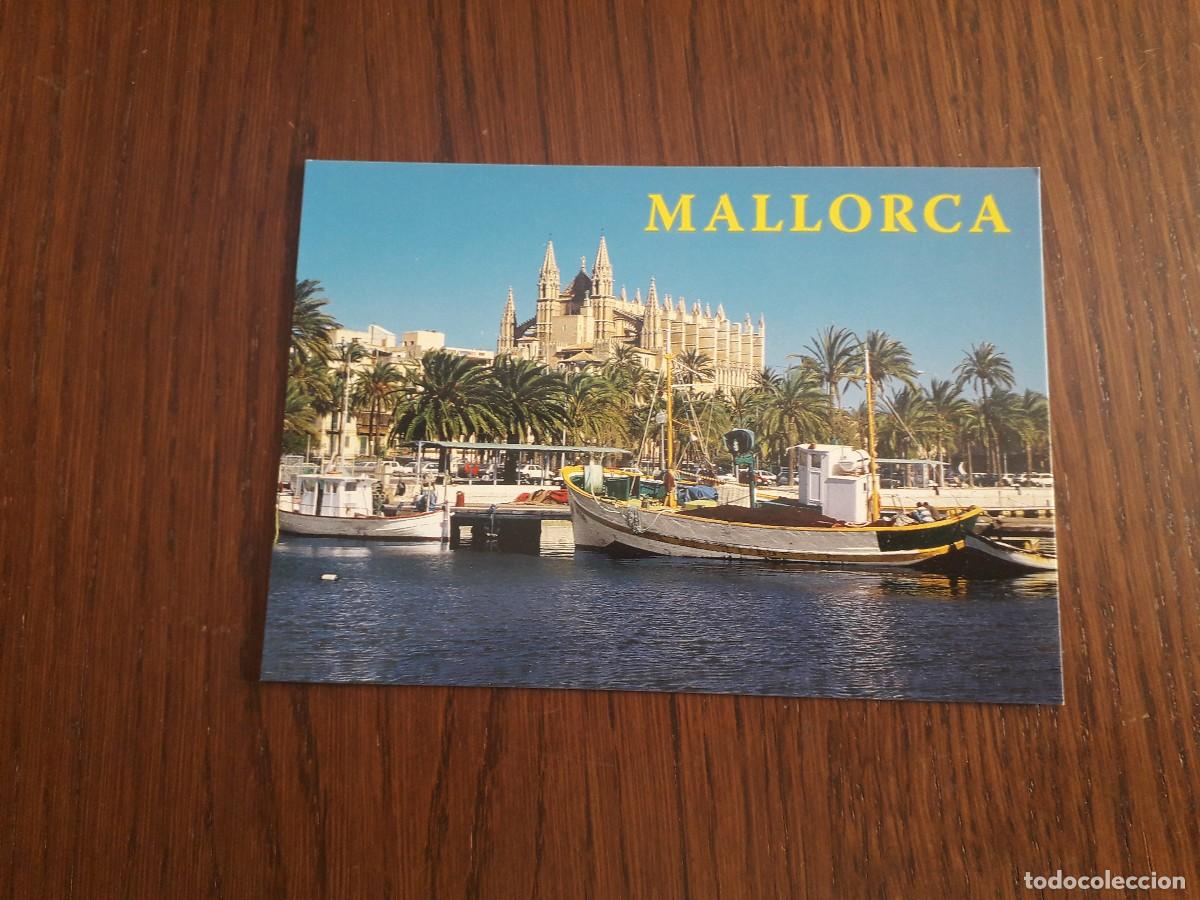 Postales: postal de puerto de Palma de Mallorca, con barcos de pesca y catedral de La Seu.