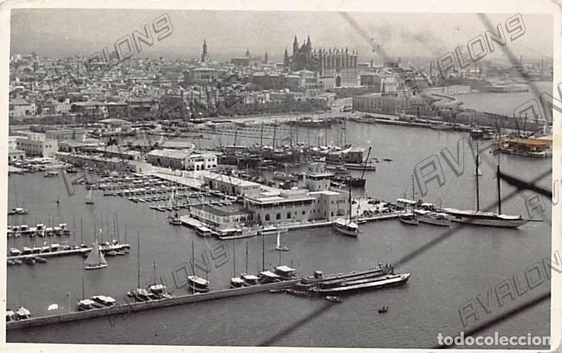 Postais: Vista a&eacute;rea del club N&aacute;utico de Palma de Mallorca, Circulada, a&ntilde;os 50, bordes dentados