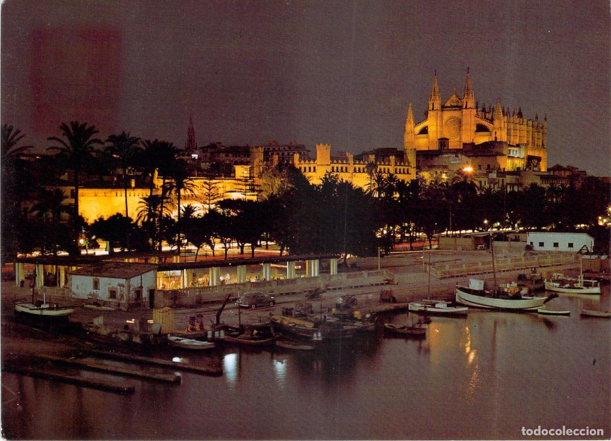 Postales: Postal de Palma de Mallorca: Puerto de Pescadores y Catedral de Noche