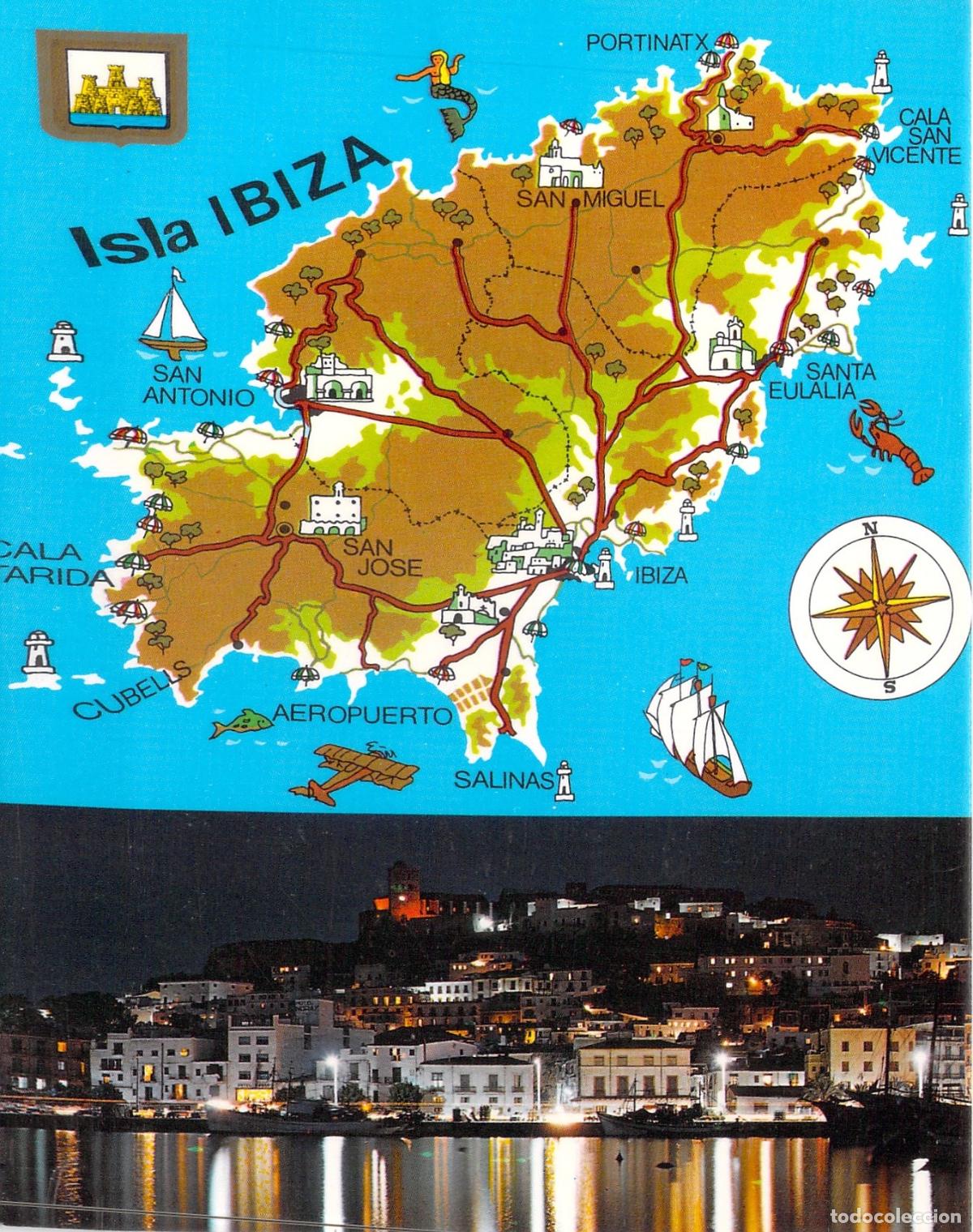 Postales: Postal de Ibiza con Mapa Ilustrado y Vista Nocturna de la Ciudad