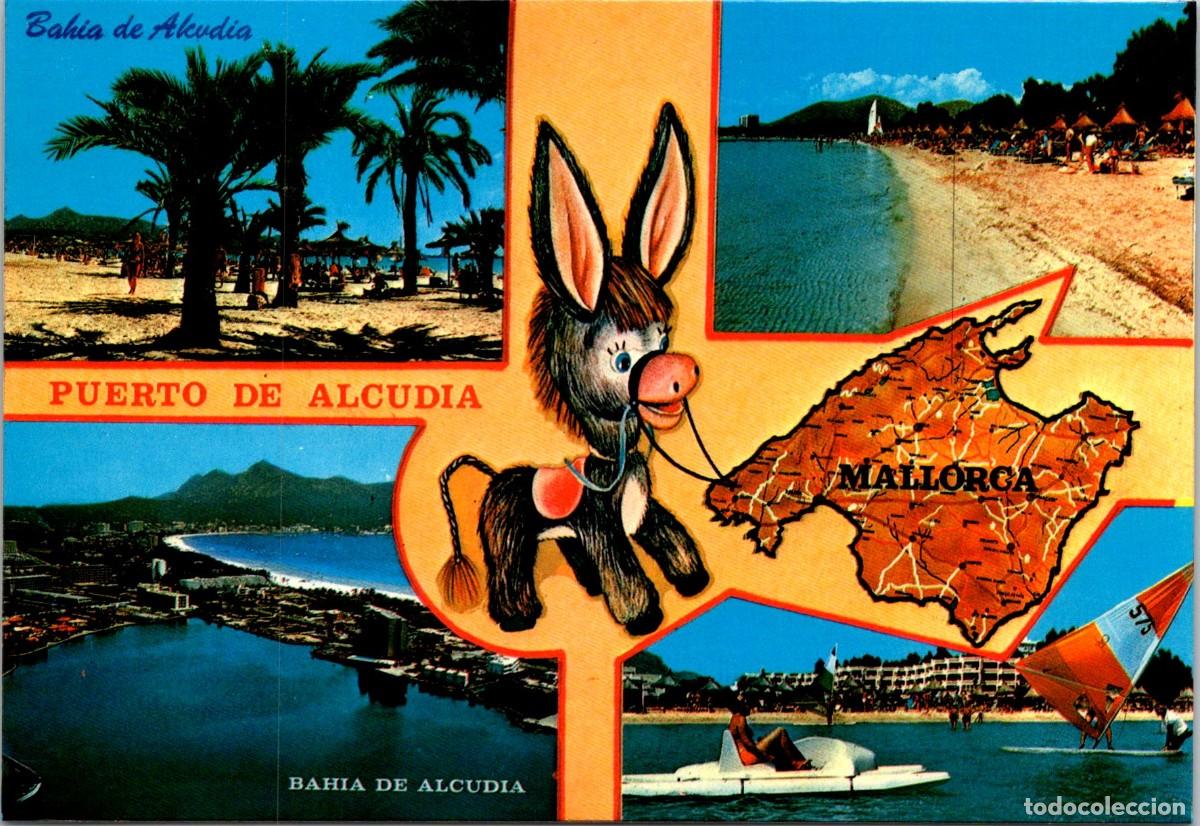 Postales: Puerto de Alcudia (Mallorca) - Vistas + Mapa Isla de Mallorca + Burro - Fotoperator 1793 - 149x102mm