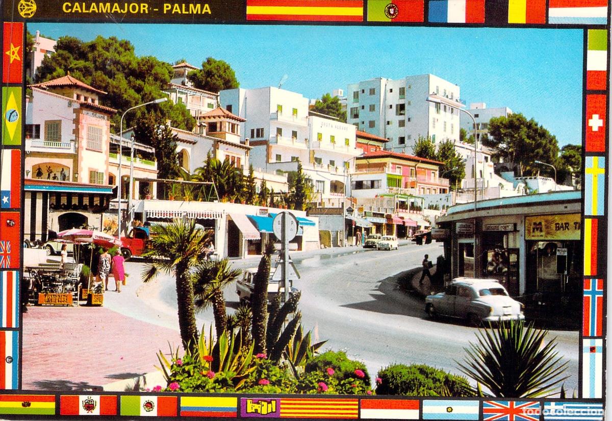 Postales: Postal de Cala Major en Palma de Mallorca con Borde de Banderas