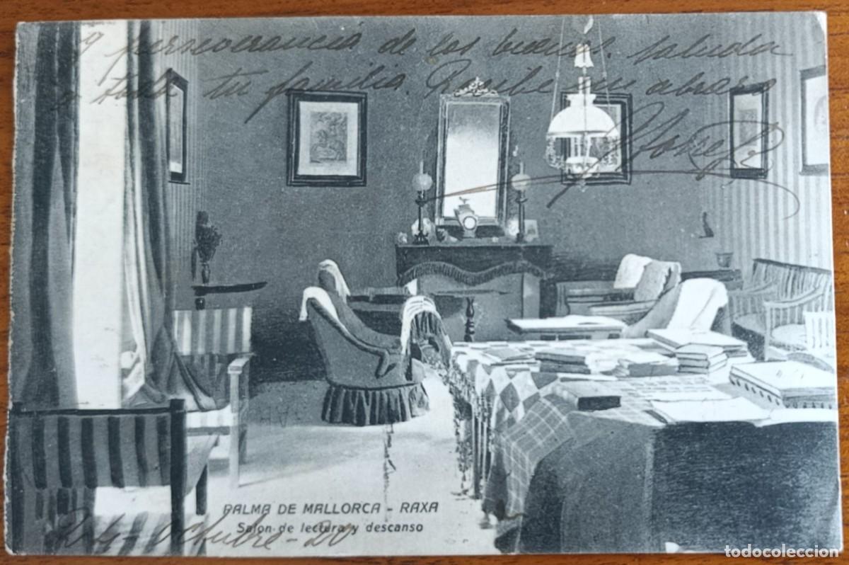 Postales: POSTAL. PALMA DE MALLORCA. RAXA. SAL&Oacute;N DE LECTURA Y DESCANSO. CIRCULADA, 1920.