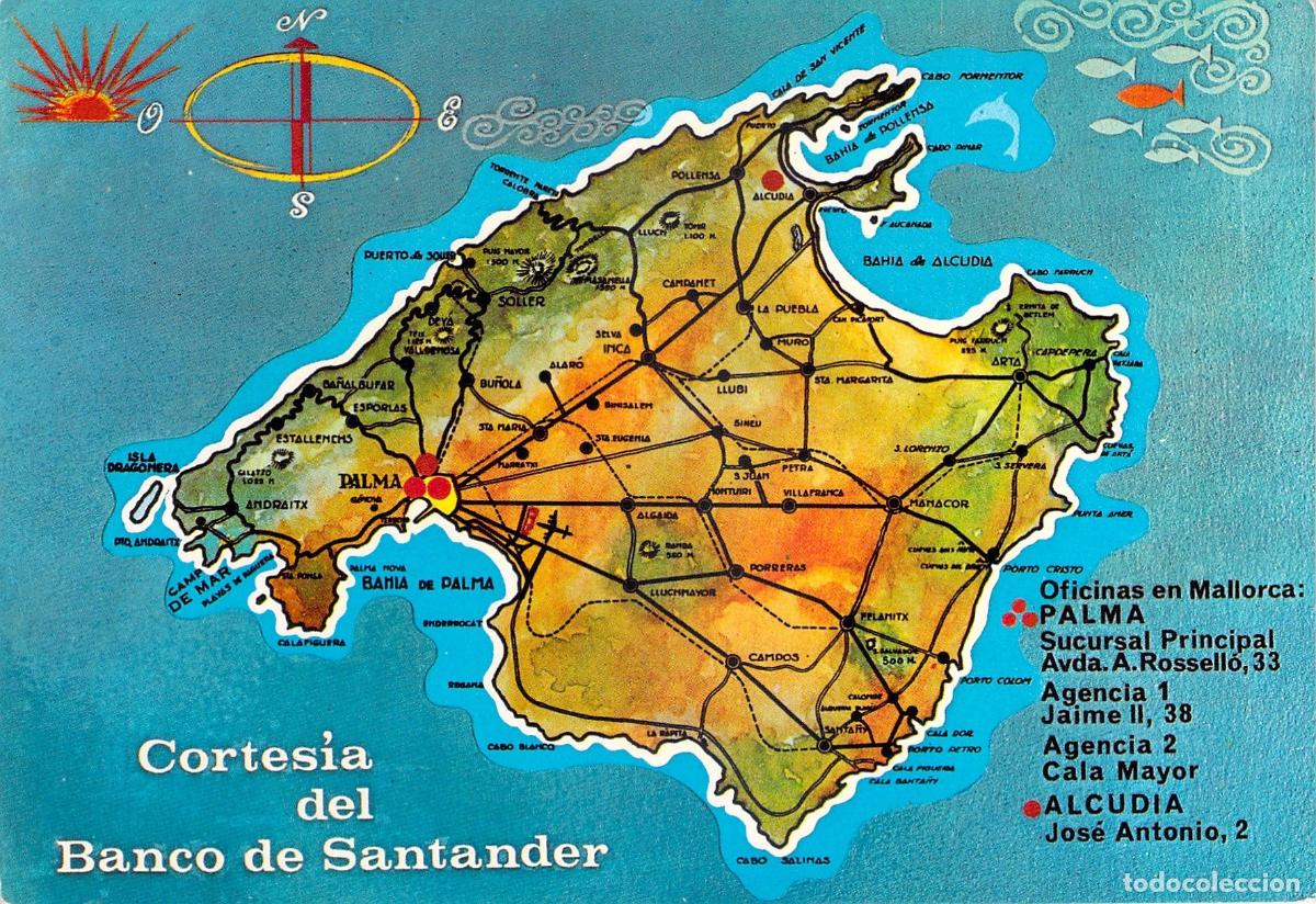 Postales: Postal del Mapa Ilustrado de Mallorca, Cortes&iacute;a del Banco de Santander