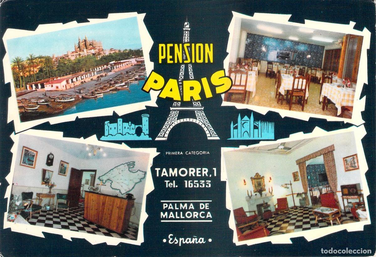 Postales: Postal Palma de Mallorca Pensi&oacute;n Par&iacute;s Multi-vista Puerto e Interiores