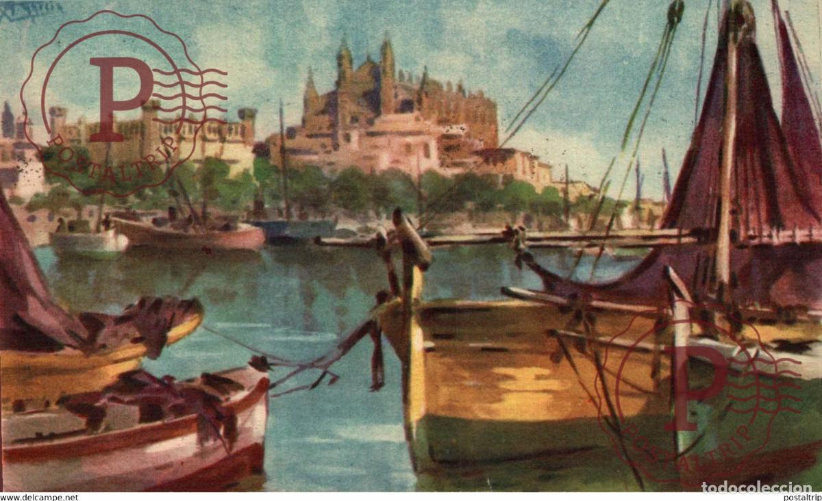Postais: Palma de Mallorca, El Puerto. Acuarela de A.Garc&iacute;a. Islas Baleares. Espa&ntilde;a Spain