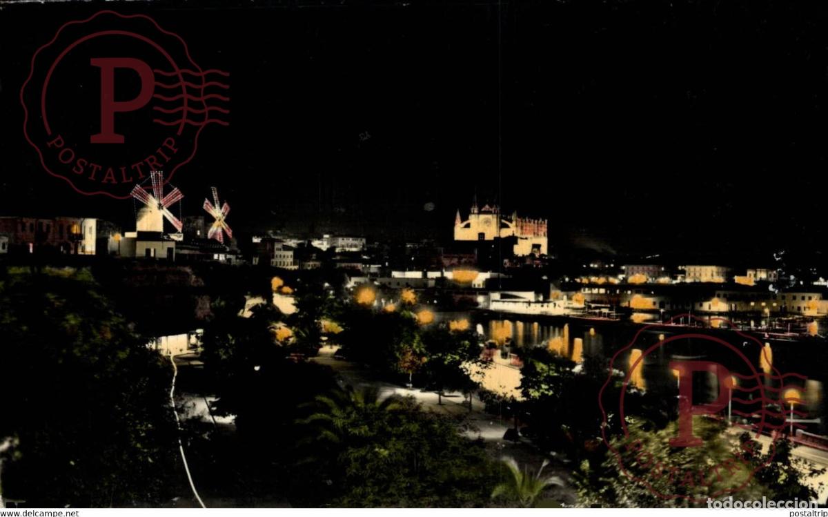 Cartes Postales: Palma de Mallorca, De noche desde el Paseo Mar&iacute;timo Islas Baleares. Espa&ntilde;a Spain