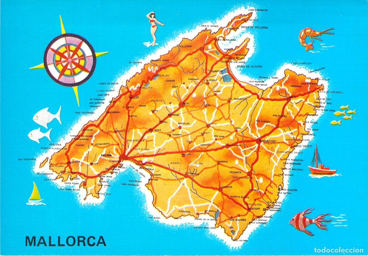 Postales: Postal Tur&iacute;stica con Mapa Ilustrado de la Isla de Mallorca - Foto 1