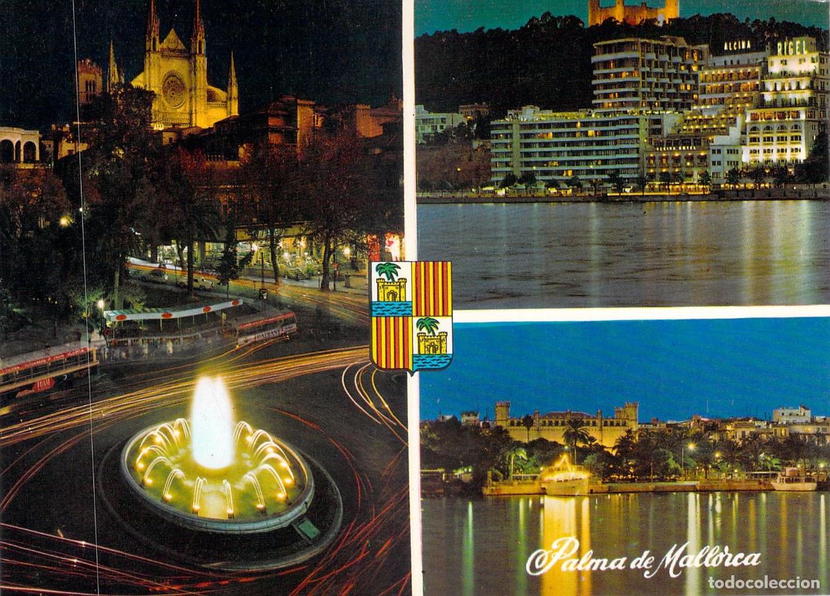 Postales: Postal de Palma de Mallorca, Vistas Nocturnas de la Catedral y Puerto