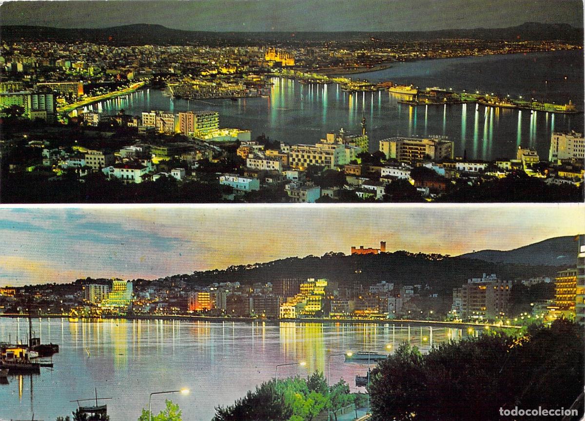 Postales: Postal Palma de Mallorca Vista Nocturna Bah&iacute;a y Castillo de Bellver