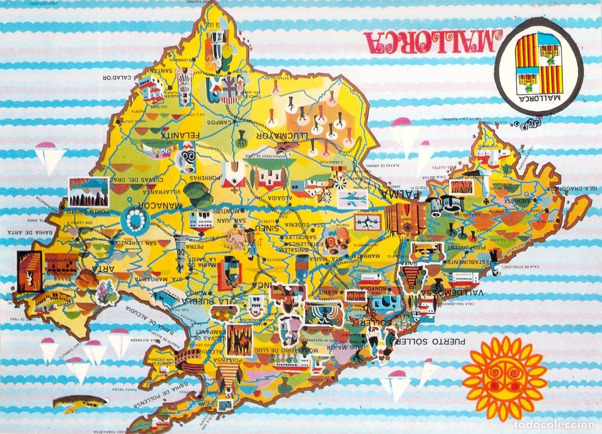 Postales: Postal ilustrada de mapa tur&iacute;stico de la isla de Mallorca