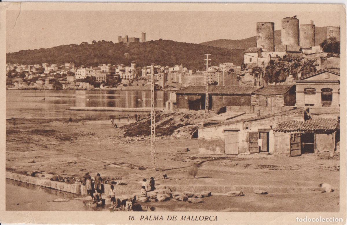Postales: PALMA DE MALLORCA, BARRIO DE ES JONQUETS, ELS LAVADORS, LAVANDERAS JUNTO AL MAR - HUECOGRABADO N&ordm;16