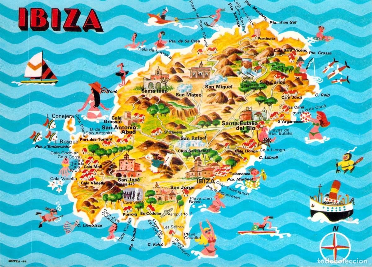 Postales: Postal ilustrada de Ibiza con mapa tur&iacute;stico de la isla