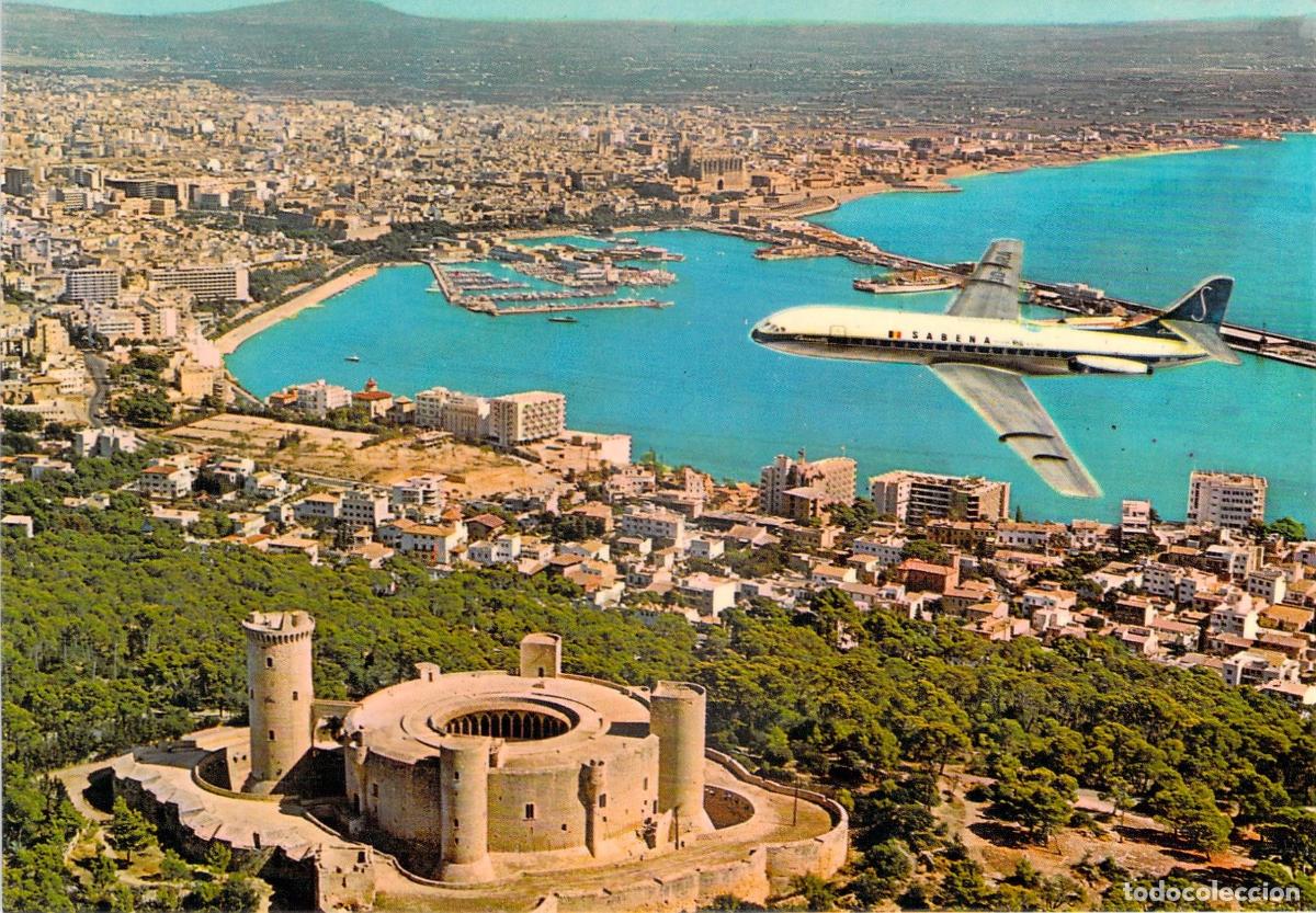 Postales: Postal de Palma de Mallorca con Castillo de Bellver y Avi&oacute;n