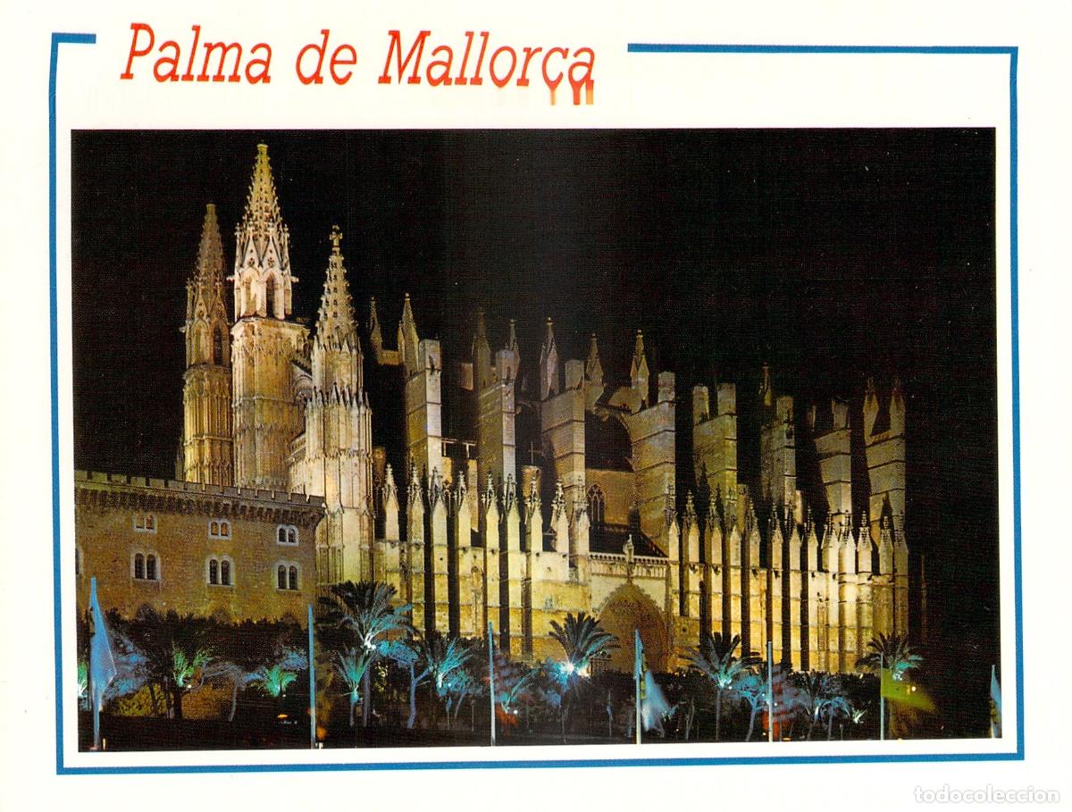 Postales: Postal de la Catedral de Palma de Mallorca iluminada de noche