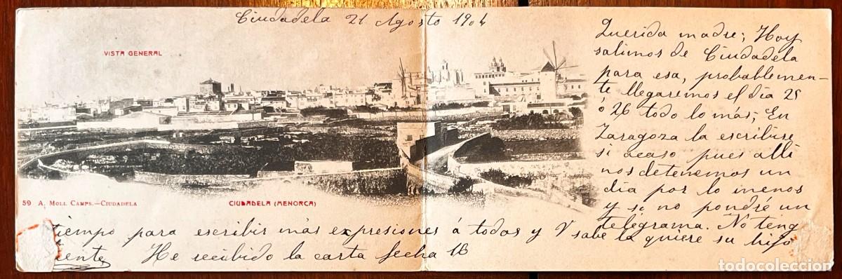Postales: CIUDADELA, MENORCA, BALEARES, POSTAL DOBLE, VISTA GENERAL, 59 A. MOLL CAMPS, CIRCULADA CON SELLO 19
