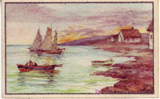 Postales: Postal artistica de barcos de vela en la costa. - Foto 1