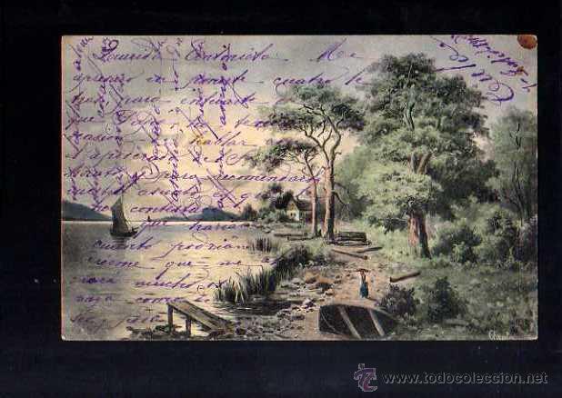Postales: Postal paisaje con barco. Circulada 190?. - Foto 1