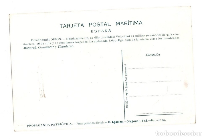 Postales: TARJETA POSTAL MARITIMA DREADNOUGHT ORION. CIRCA 1915 - Foto 2