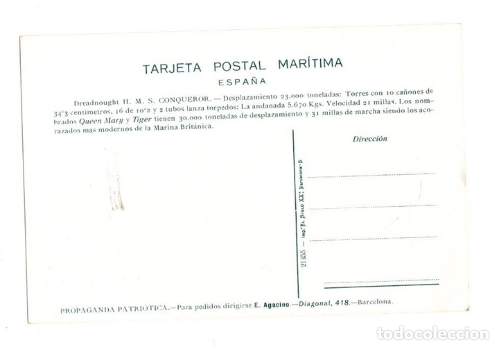Postales: TARJETA POSTAL MARITIMA DREADNOUGHT H. M. S. CONQUEROR. CIRCA 1915 - Foto 2