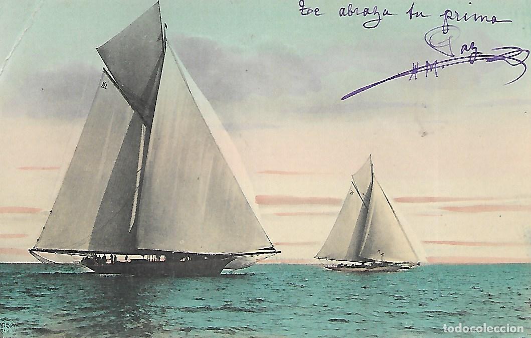 Postales: ANTIGUA POSTAL-PAREJA DE VELEROS (1908) - Foto 1