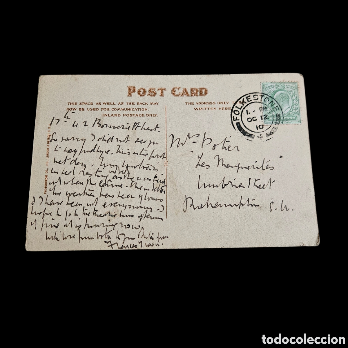 Postales: Antiguo postal de &rdquo;Folkestone &rdquo;. 1912 - Foto 2